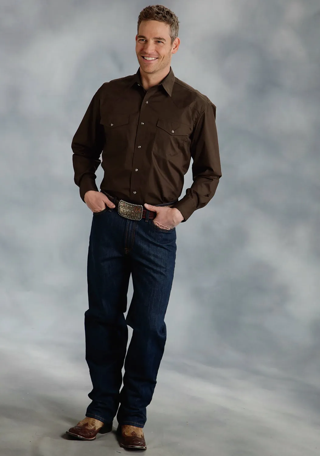 natural fiber Roper Basic Solid Mens Chocolate 100% Cotton L/S 2 Pkt Western Shirt