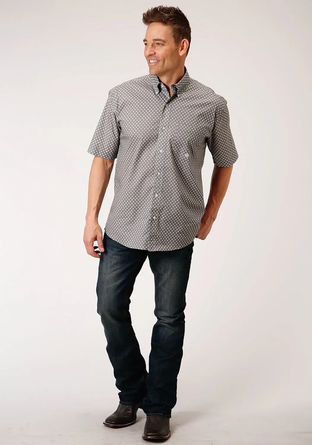 Low Profile Pocket Design Roper Mens Grey Cotton Blend 1 Pocket BD S/S Shirt