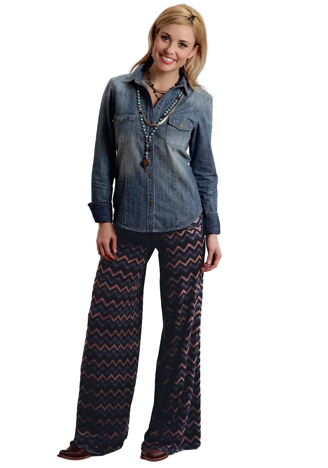 Stetson Womens Chevron Print Brown Rayon/Spandex Trousers Fit and Comfort