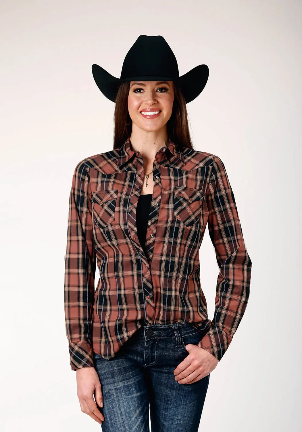 Roper Womens Arrow Dobby Plaid Brown 100% Cotton L/S Shirt Tuckable Hem Anti-static