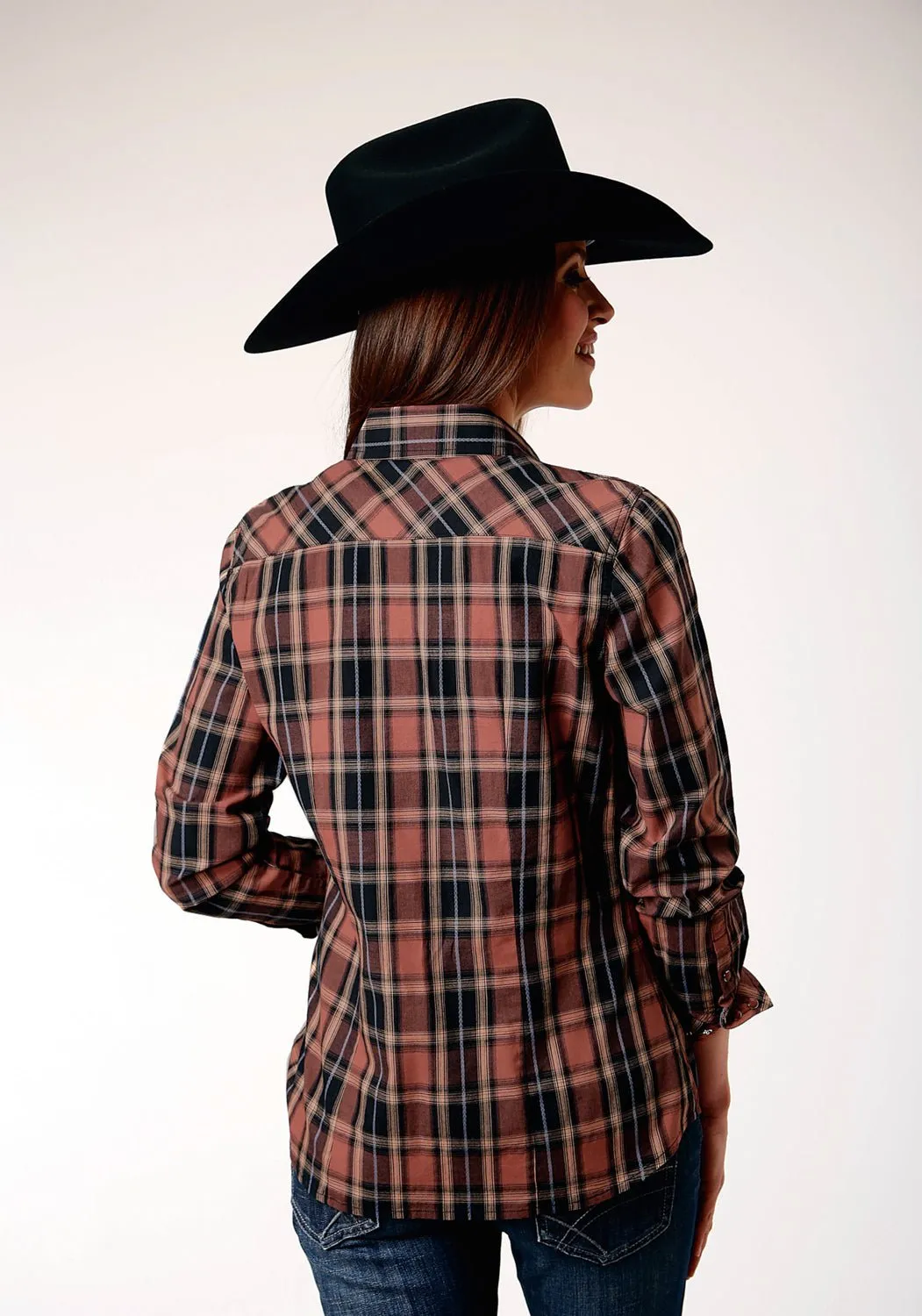 Roper Womens Arrow Dobby Plaid Brown 100% Cotton L/S Shirt Relaxed Design
