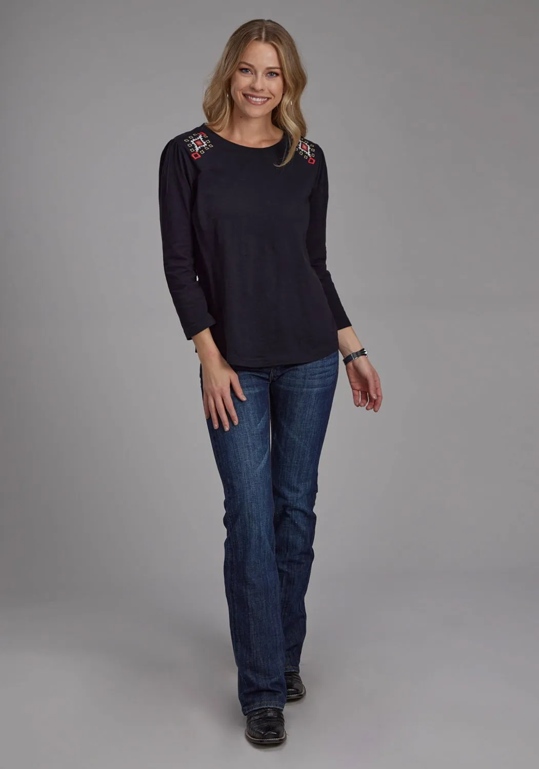 Roper Womens Angled Embroidered Black 100% Cotton L/S Tunic Smooth Finish Urban Comfort