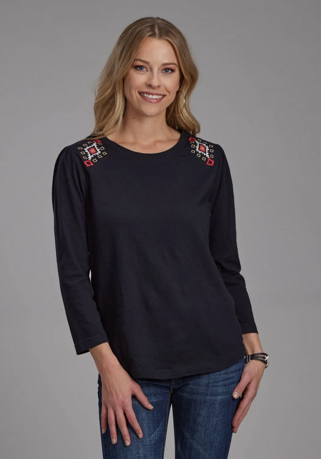 Roper Womens Angled Embroidered Black 100% Cotton L/S Tunic Wardrobe Essential Pure Cotton
