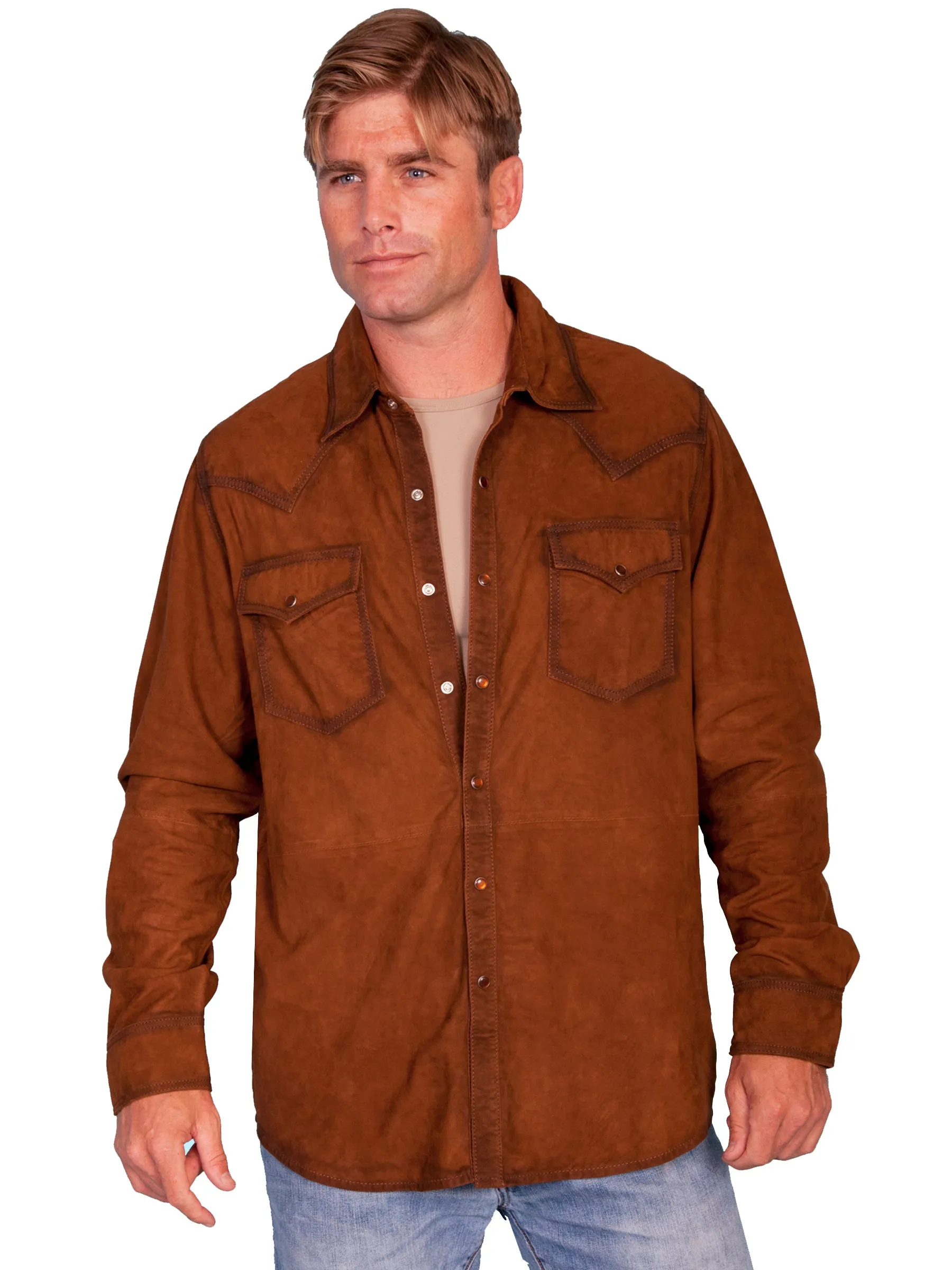 Beach Ready Scully Leather Mens Western L/S Suede Shirt Snap Front Brown