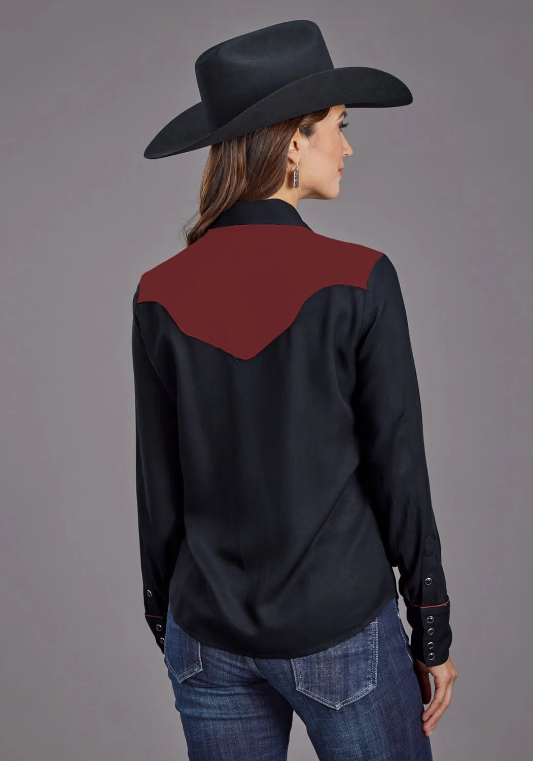Stetson Womens Western Fancy Yoked Black/Wine 100% Rayon L/S Blouse Unique Design Functional Design