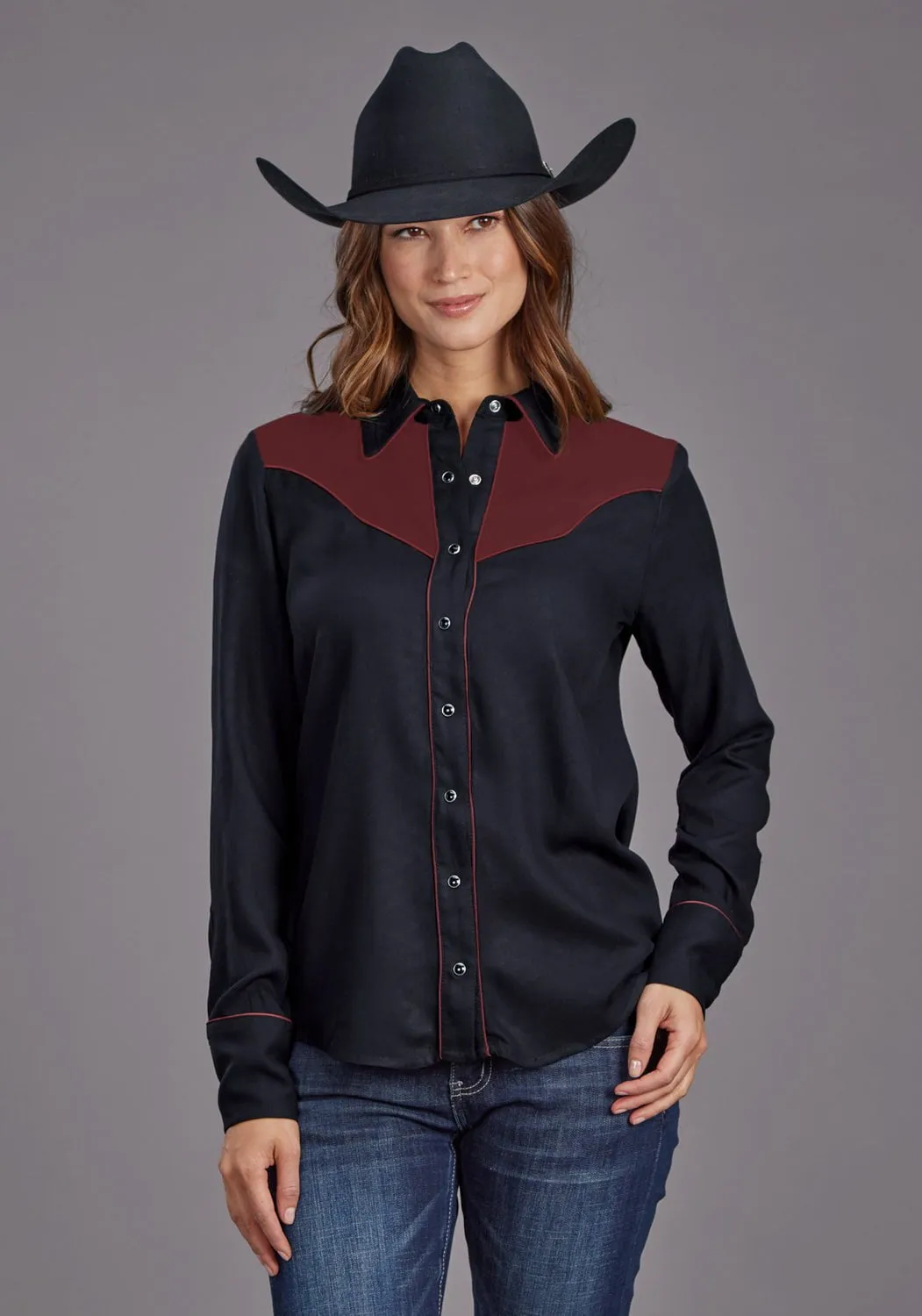 Holiday Style Travel Friendly Stetson Womens Western Fancy Yoked Black/Wine 100% Rayon L/S Blouse