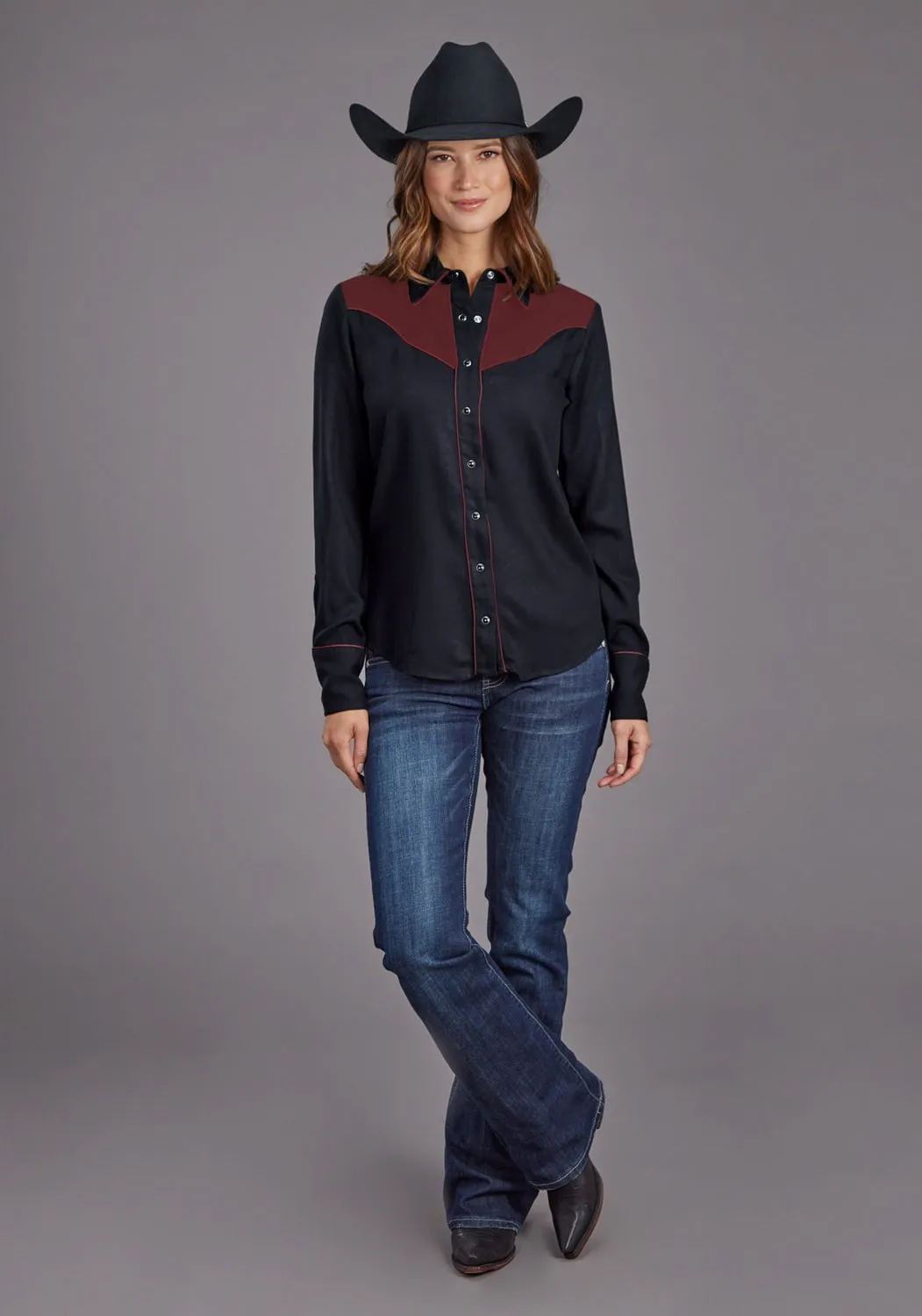 Stetson Womens Western Fancy Yoked Black/Wine 100% Rayon L/S Blouse Active Fit
