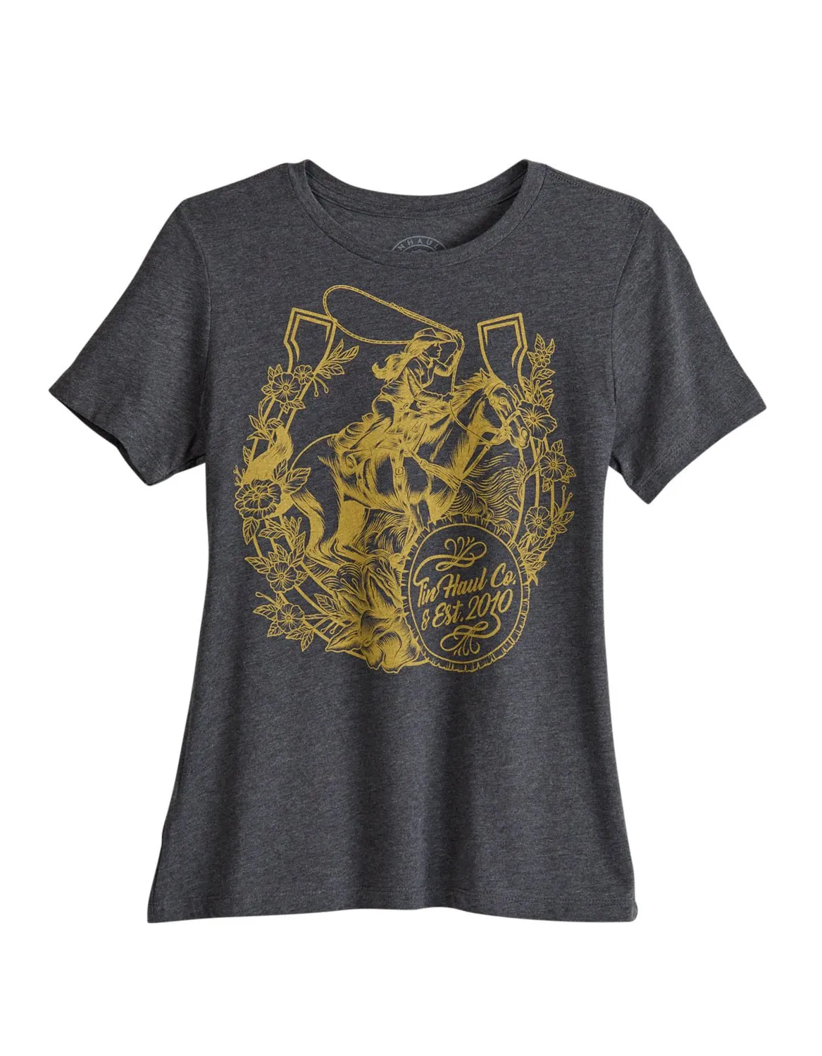 Durable Button Closures Travel Essential Tin Haul Womens Girl Horse and Horseshoe Grey Cotton Blend S/S T-Shirt