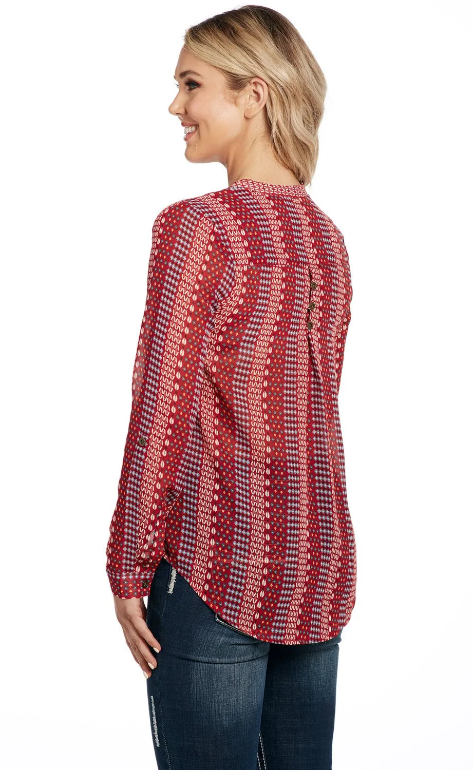 Classic Weekend Getaway Durable Build Cowgirl Up Womens Red Polyester Hi-Lo Convertible Tunic L/S
