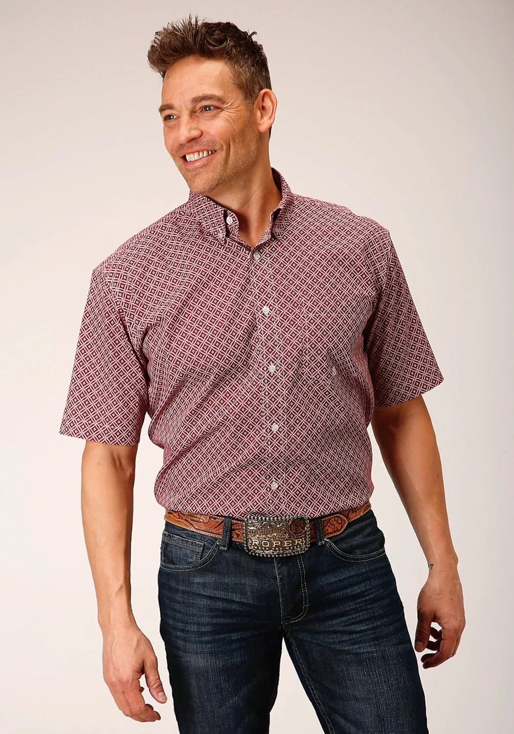Relaxed Look Roper Mens Diamond Foulard Red 100% Cotton S/S Shirt