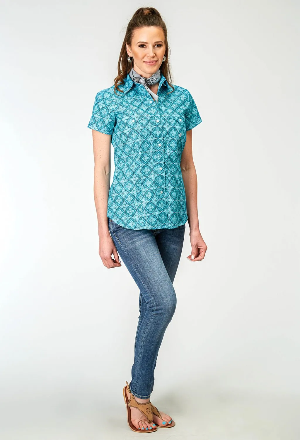 Bold Statement Roper Womens Lake Medallion Blue 100% Cotton S/S Shirt