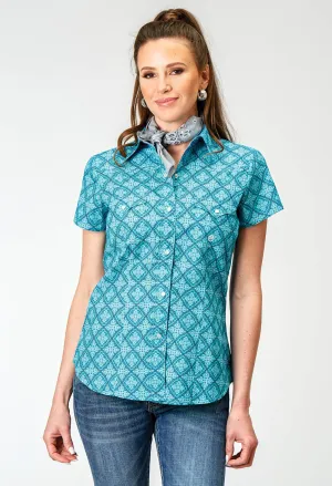 Soft Texture Roper Womens Lake Medallion Blue 100% Cotton S/S Shirt Premium Option Roper Womens Lake Medallion Blue 100% Cotton S/S Shirt