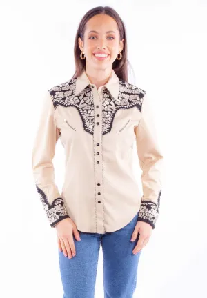 Soft Texture Scully Womens Embroidered Floral Tan Poly/Rayon L/S Shirt Scully Womens Embroidered Floral Tan Poly/Rayon L/S Shirt Loose Comfort Petite Option