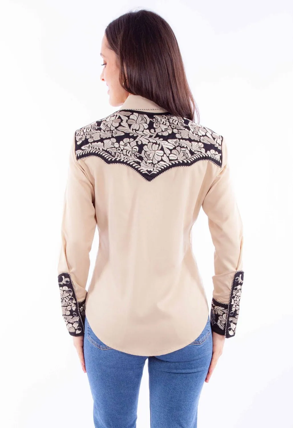 Scully Womens Embroidered Floral Tan Poly/Rayon L/S Shirt Subtle patterns