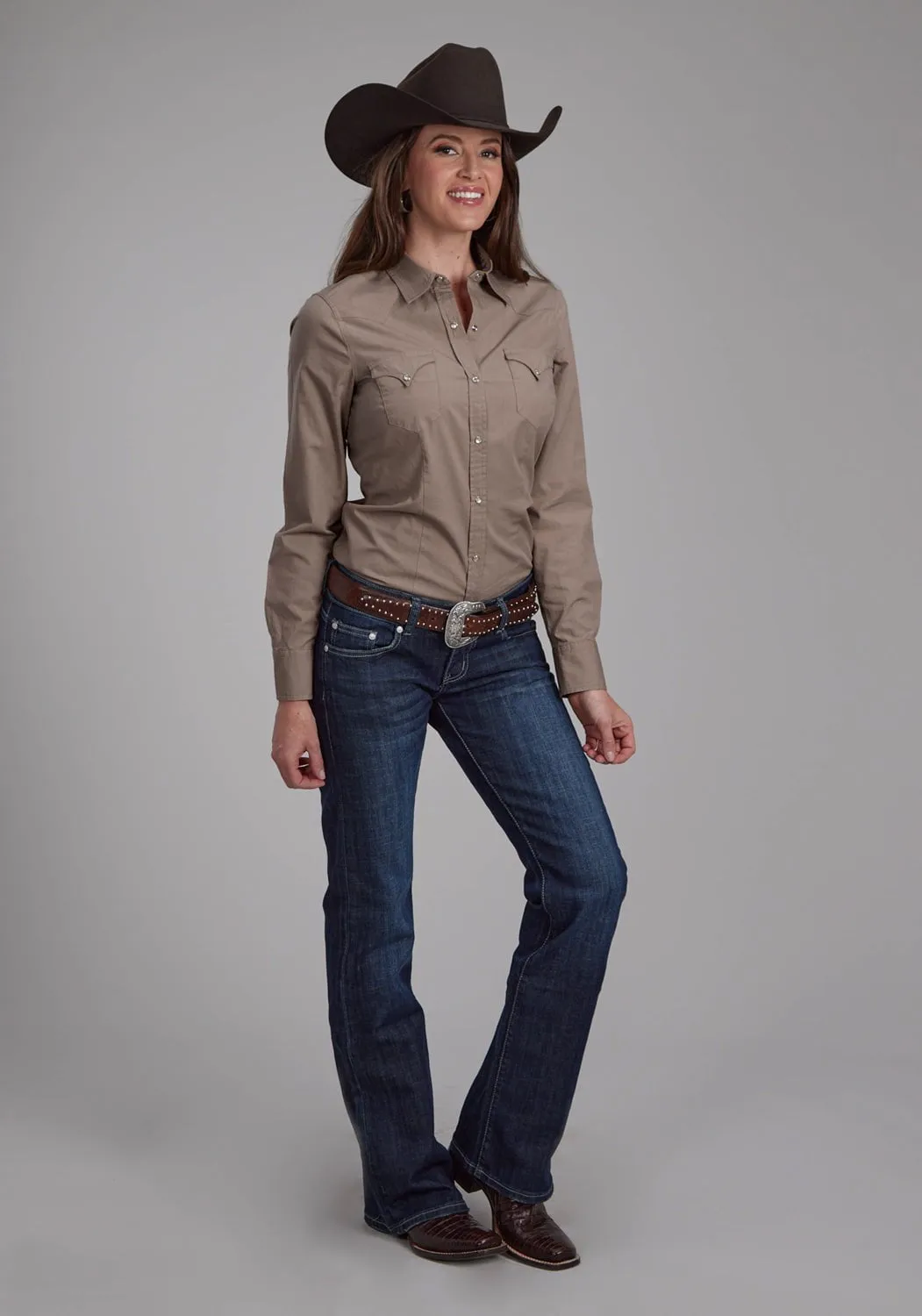 Roper Womens 2221 Solid Poplin Stone 100% Cotton L/S Shirt networking event Lightweight Feel