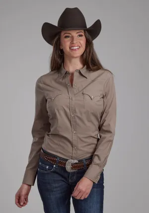 Soft touch finish Roper Womens 2221 Solid Poplin Stone 100% Cotton L/S Shirt Slim Silhouette Multi Pocket Utility Roper Womens 2221 Solid Poplin Stone 100% Cotton L/S Shirt