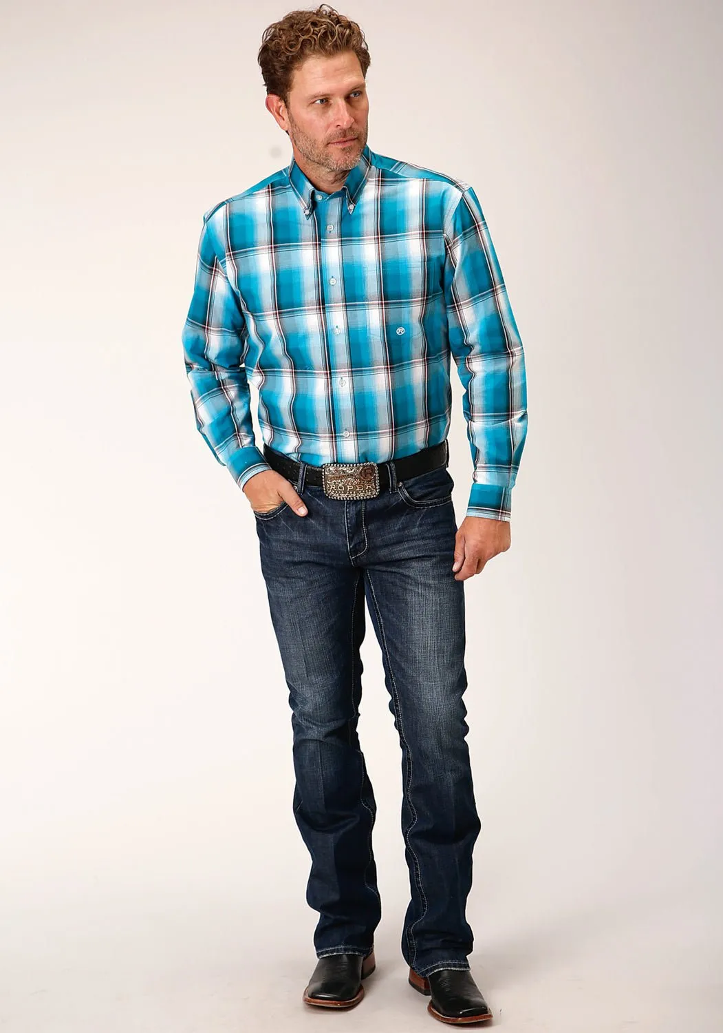 Ventilated Back Roper Mens Turquoise 100% Cotton Deep Pool BD L/S 1 Pkt Shirt