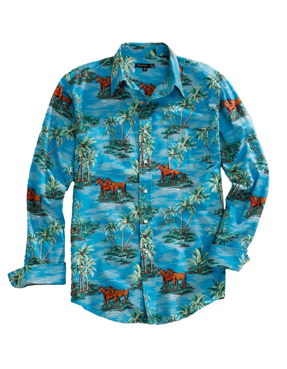 Tin Haul Mens Vintage Hawaiian Blue 100% Cotton L/S Shirt All-Season Wear