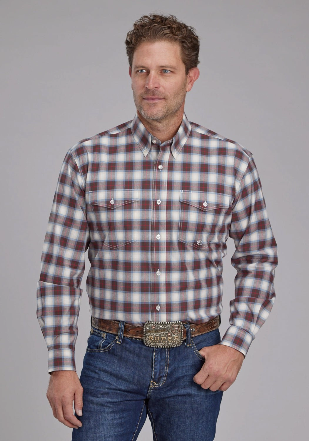 Go-To Look Party Ready Roper Mens 2164 Stretch Plaid Brown Cotton Blend Btn L/S Shirt
