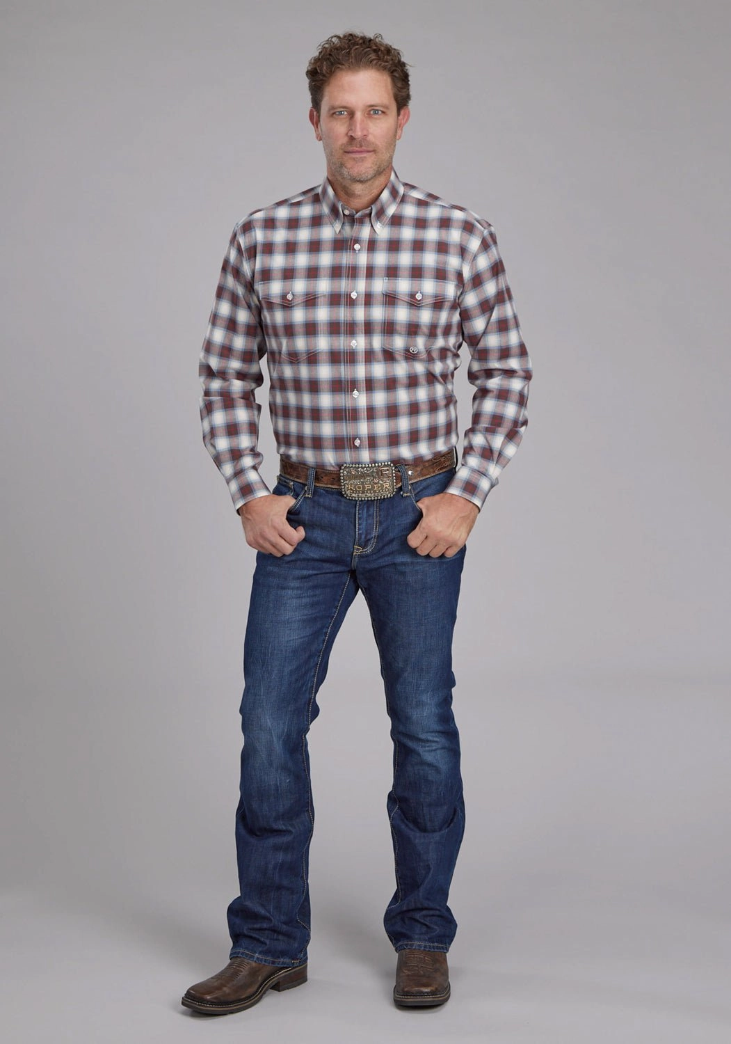 Unisex Design Timeless Piece Roper Mens 2164 Stretch Plaid Brown Cotton Blend Btn L/S Shirt