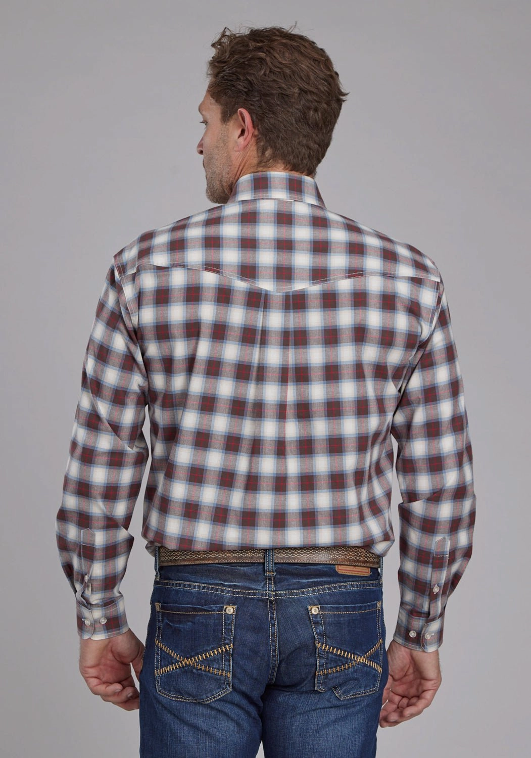 Ruffle Edge Tropical theme Roper Mens 2164 Stretch Plaid Brown Cotton Blend Btn L/S Shirt