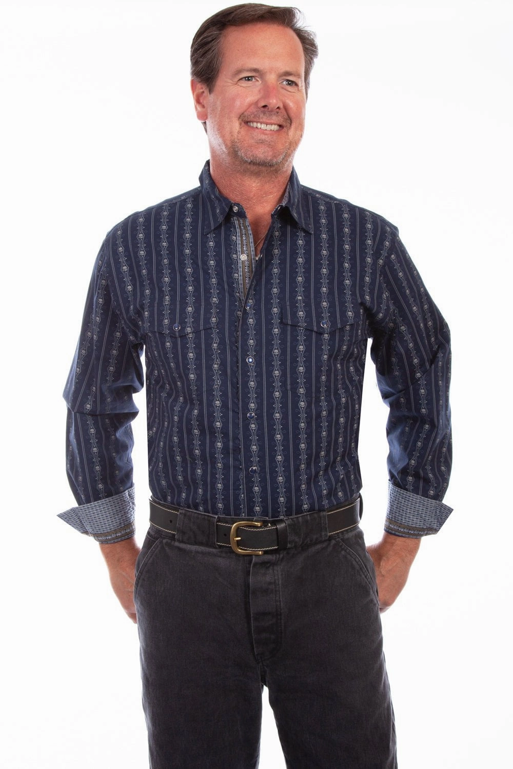 Scully Mens Skull Stripe Navy 100% Cotton L/S Shirt Patterned Texture
