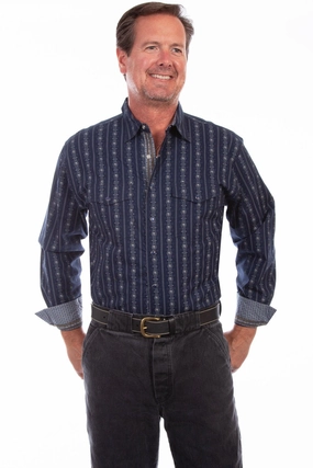 Soft Option Scully Mens Skull Stripe Navy 100% Cotton L/S Shirt Scully Mens Skull Stripe Navy 100% Cotton L/S Shirt Textured Finish