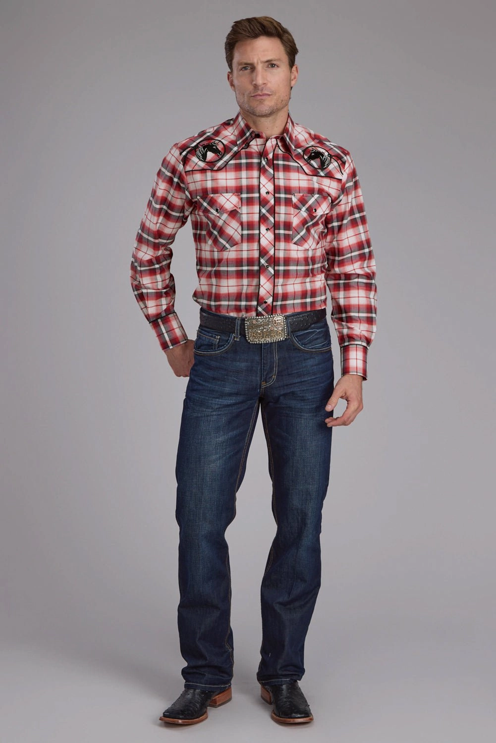 Roper Mens 2408 Plaid Horse Red Cotton Blend L/S Shirt Stretchable Material