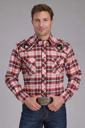 Soft Style Roper Mens 2408 Plaid Horse Red Cotton Blend L/S Shirt Morning Comfort Roper Mens 2408 Plaid Horse Red Cotton Blend L/S Shirt