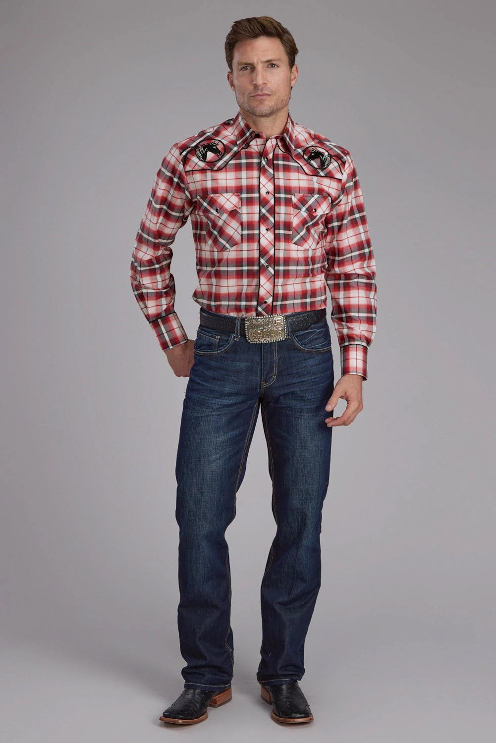 Roper Mens 2408 Plaid Horse Red Cotton Blend L/S Shirt Abstract art
