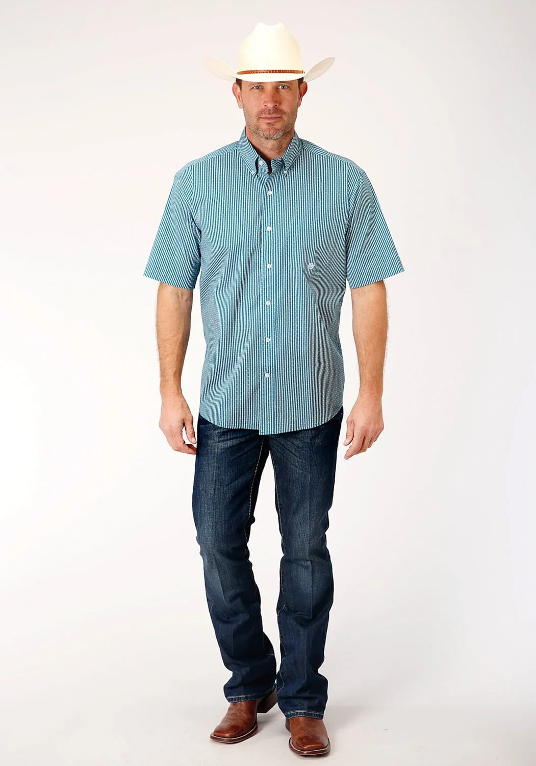 Roper Mens Teal Cotton Blend Arrow Rope BD S/S 1 Pkt Shirt Seasonal Style