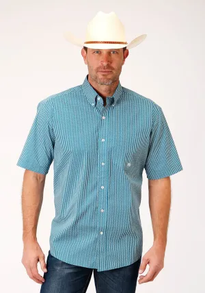 Softened Edges Roper Mens Teal Cotton Blend Arrow Rope BD S/S 1 Pkt Shirt Relaxed Look Roper Mens Teal Cotton Blend Arrow Rope BD S/S 1 Pkt Shirt