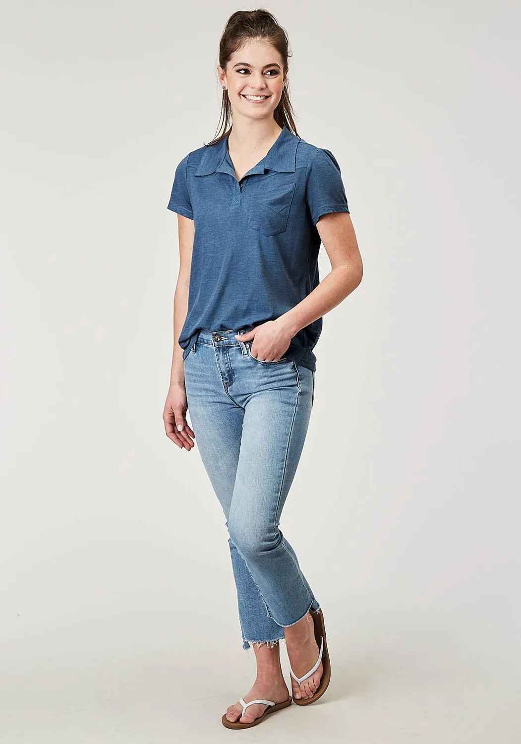 Roper Womens Puffed Polo Navy Poly/Cotton S/S T-Shirt Effortless Comfort