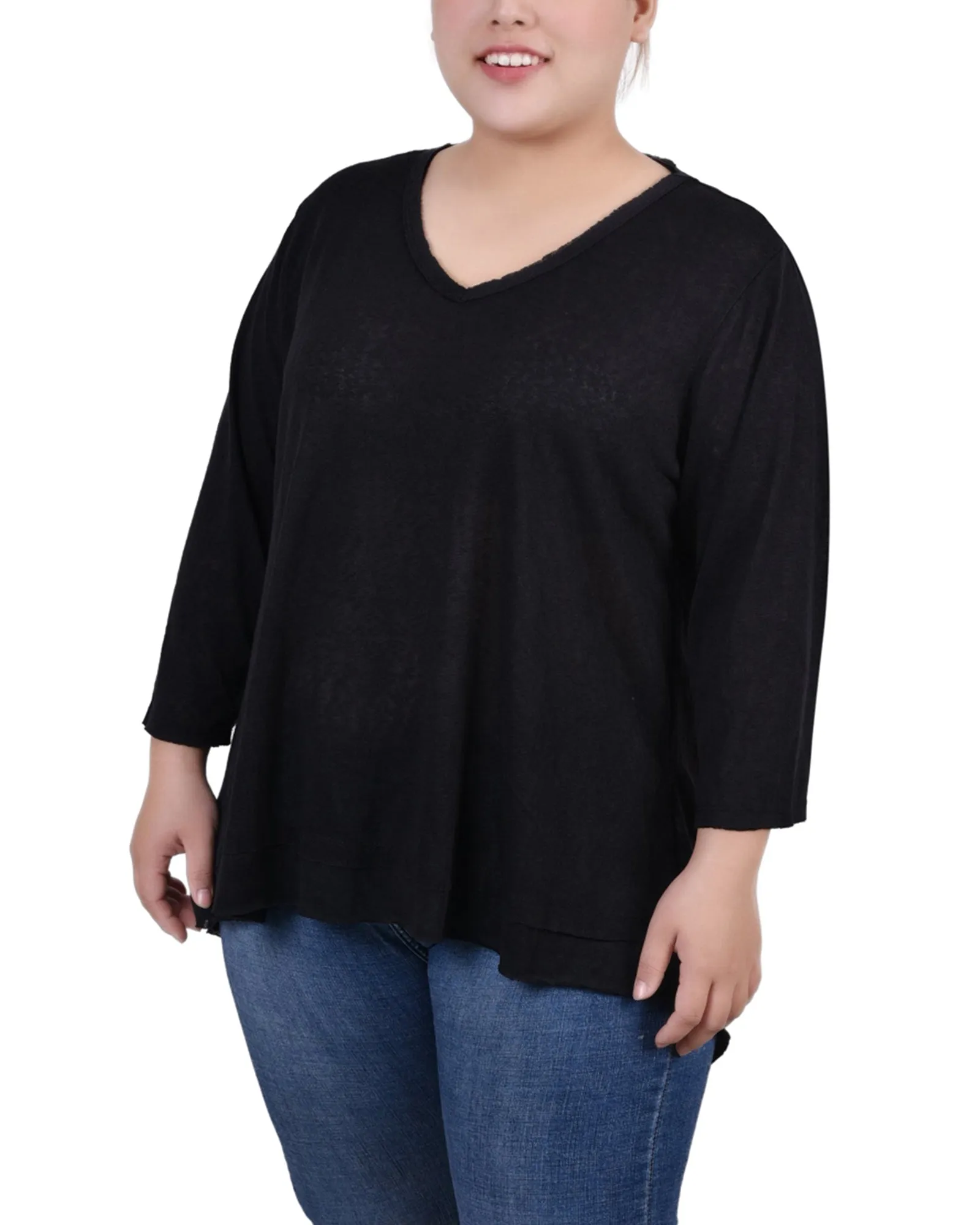 Plus Size 3/4 Sleeve V Neck Top Work-Ready Look Quick Drying