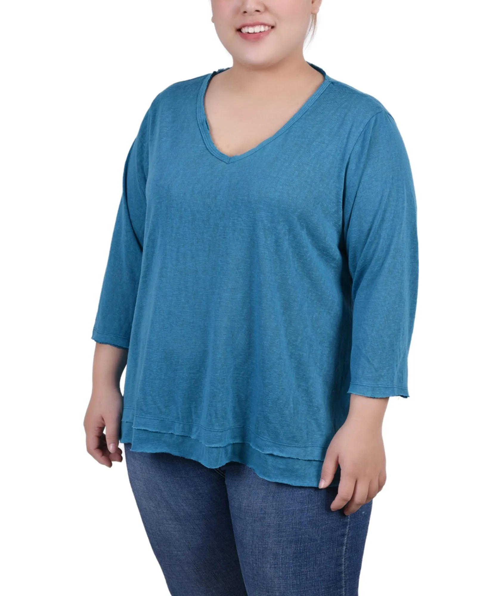 Plus Size 3/4 Sleeve V Neck Top Halter neck Side Pleats