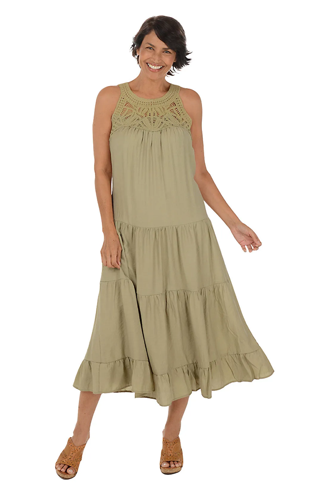 Crocheted Halter Neck Tiered Midi Dress Flutter-Sleeve Self Power