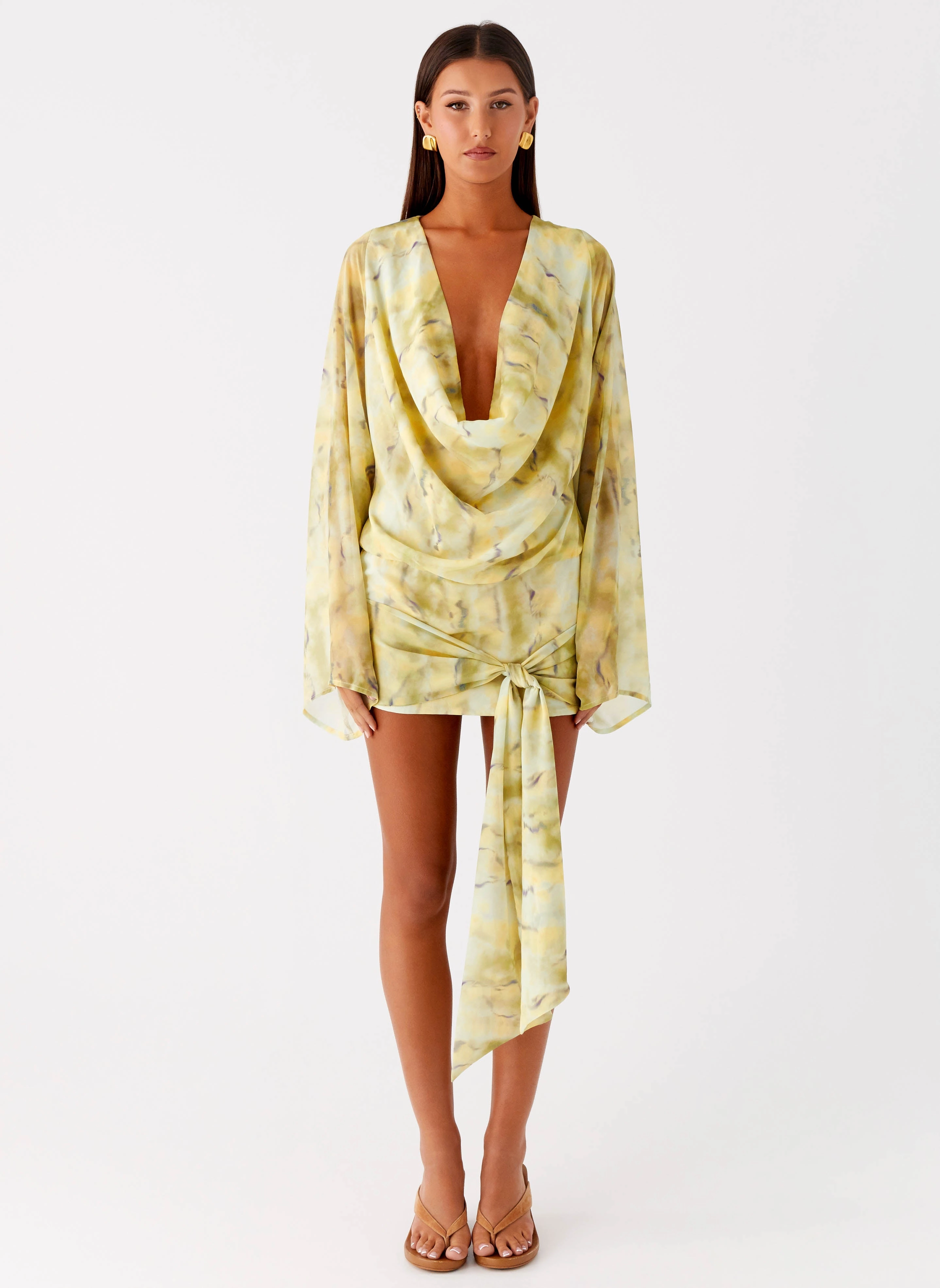 Sorrel Long Sleeve Mini Dress - Yellow Tie Dye Chic Style Wear Semi Sheer