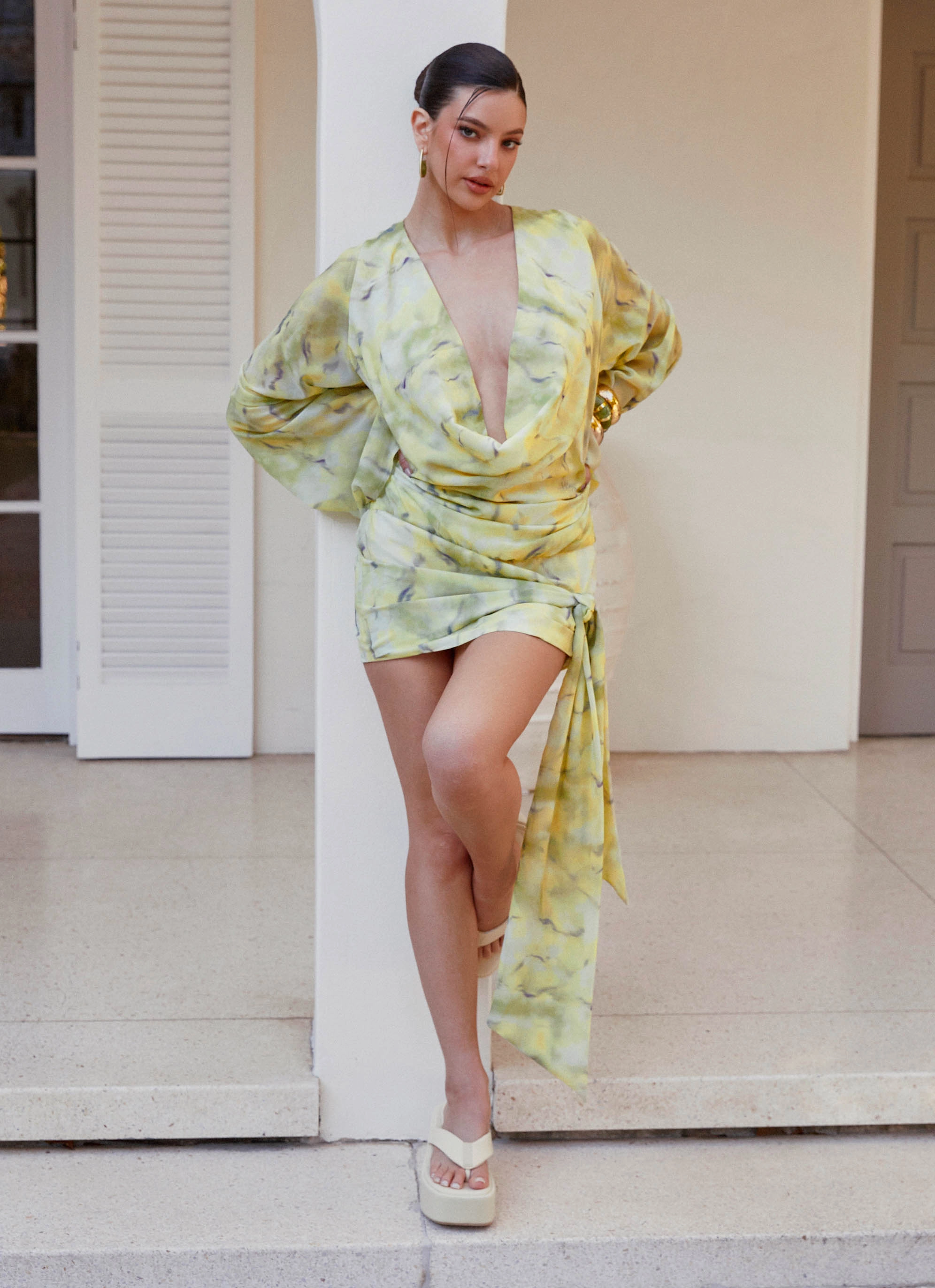 Sorrel Long Sleeve Mini Dress - Yellow Tie Dye LightweightMaterial Easy Comfort
