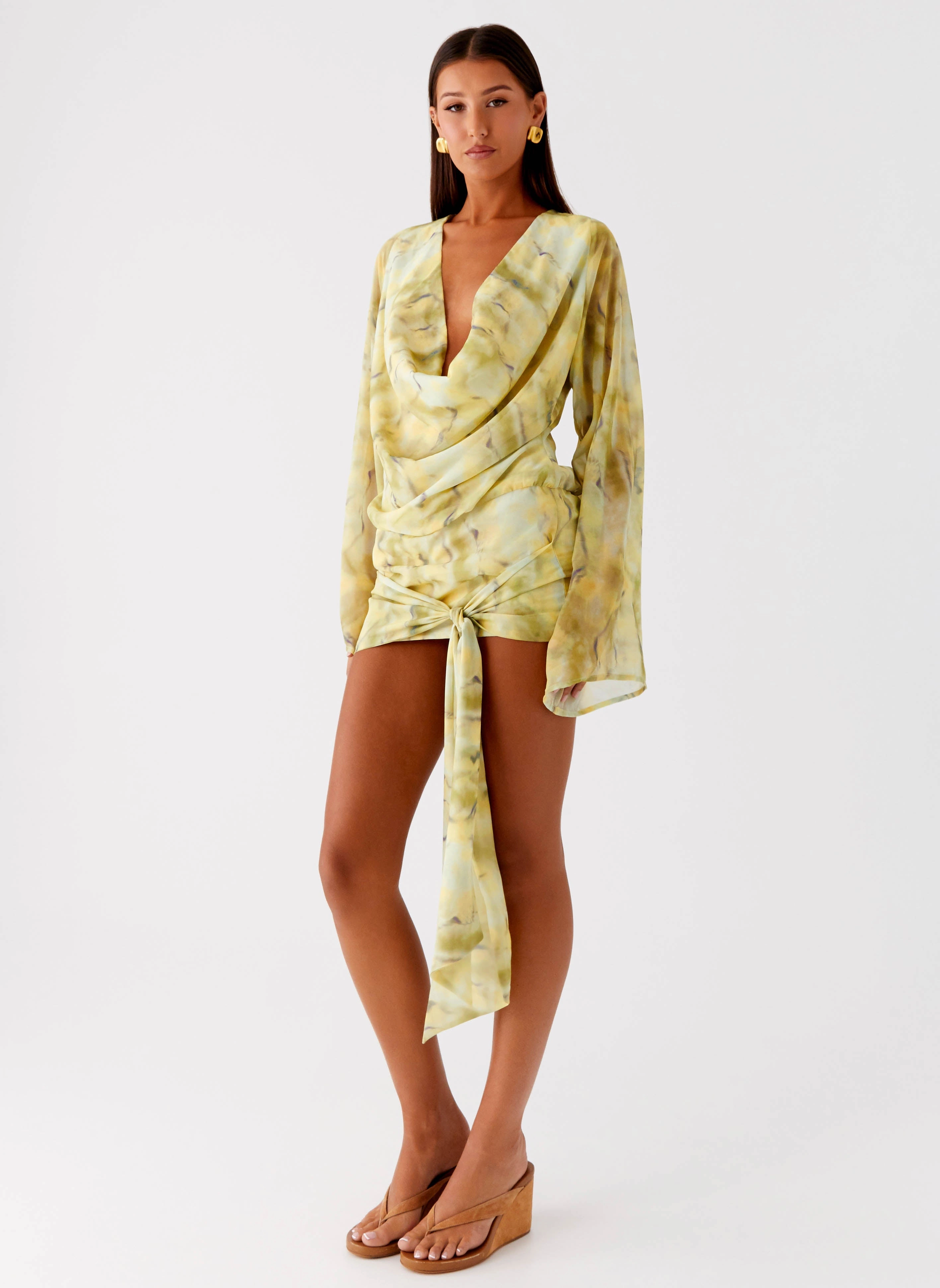 Sorrel Long Sleeve Mini Dress - Yellow Tie Dye Fitted Shape