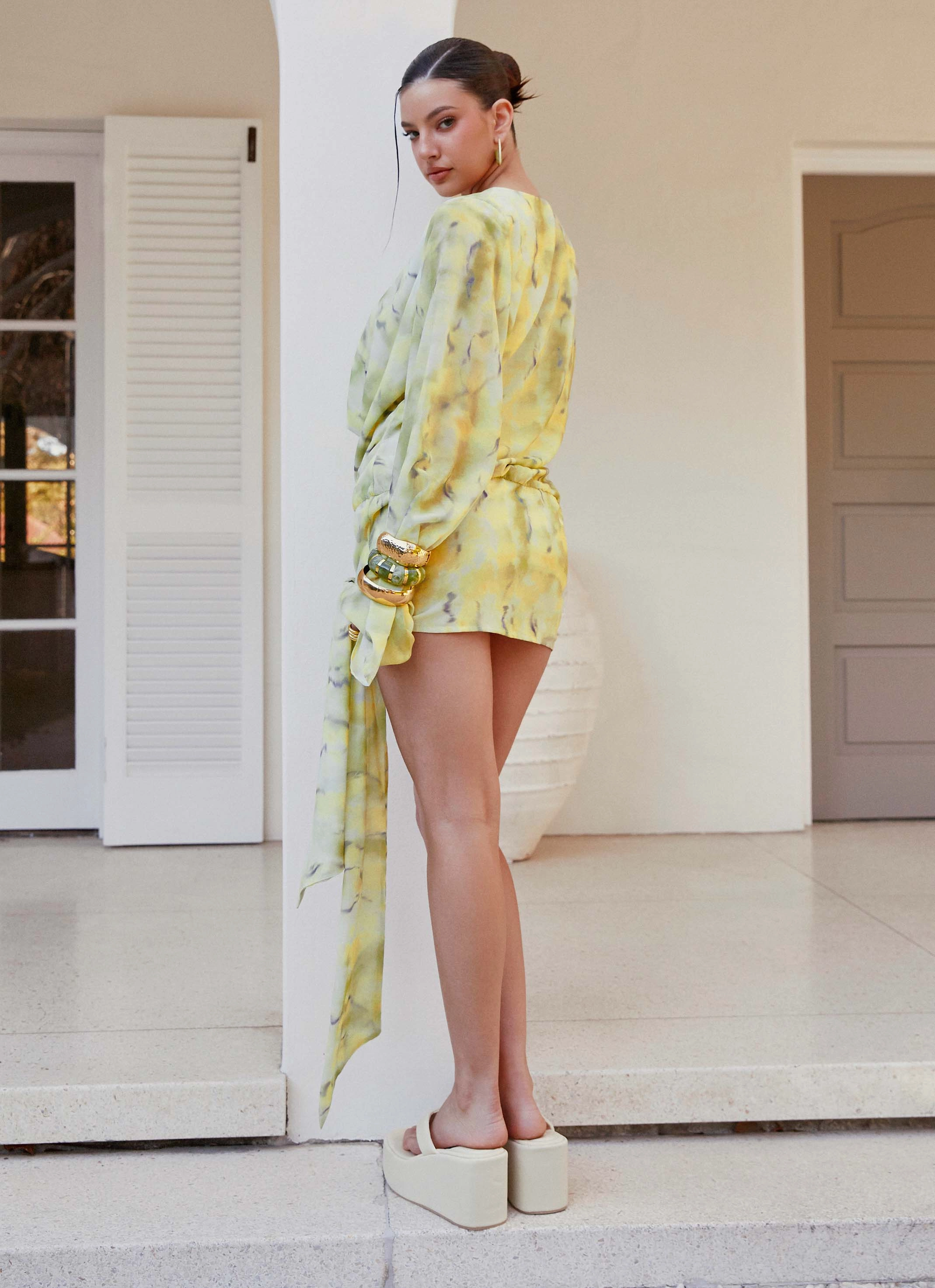Dance Night Simple Mood Sorrel Long Sleeve Mini Dress - Yellow Tie Dye