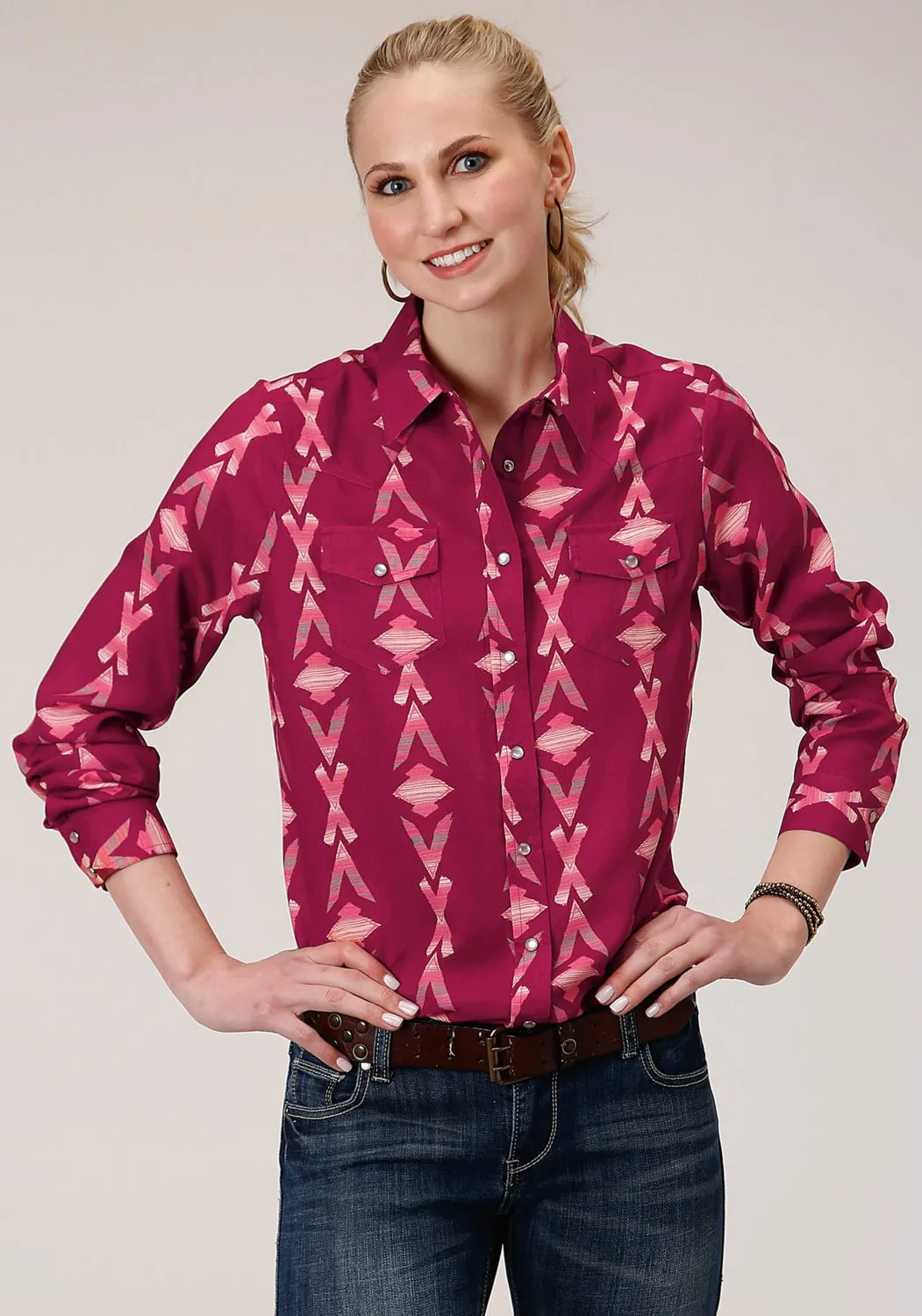 Professional Look Stylish Detail Roper Womens Aztec Print Purple 100% Rayon L/S Blouse