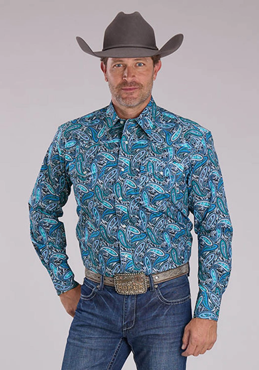 Tagless label Roper Mens 2502 Sky Paisley Blue 100% Cotton L/S Shirt