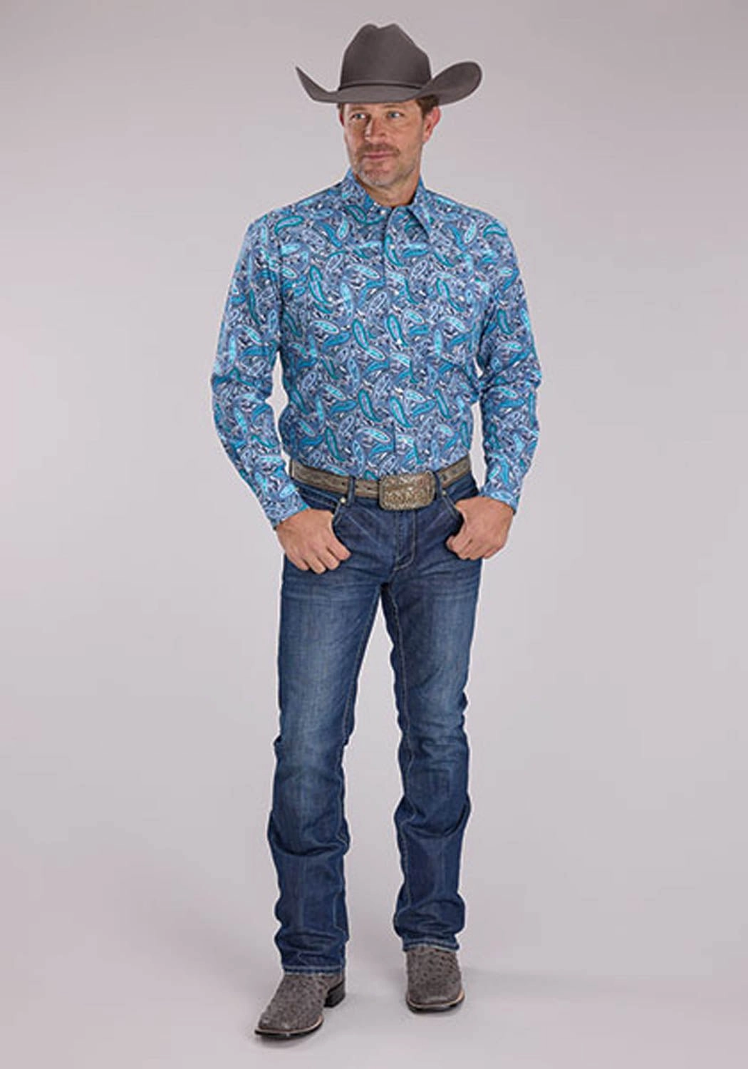 Roper Mens 2502 Sky Paisley Blue 100% Cotton L/S Shirt Stretchable Cloth Versatile Outfit
