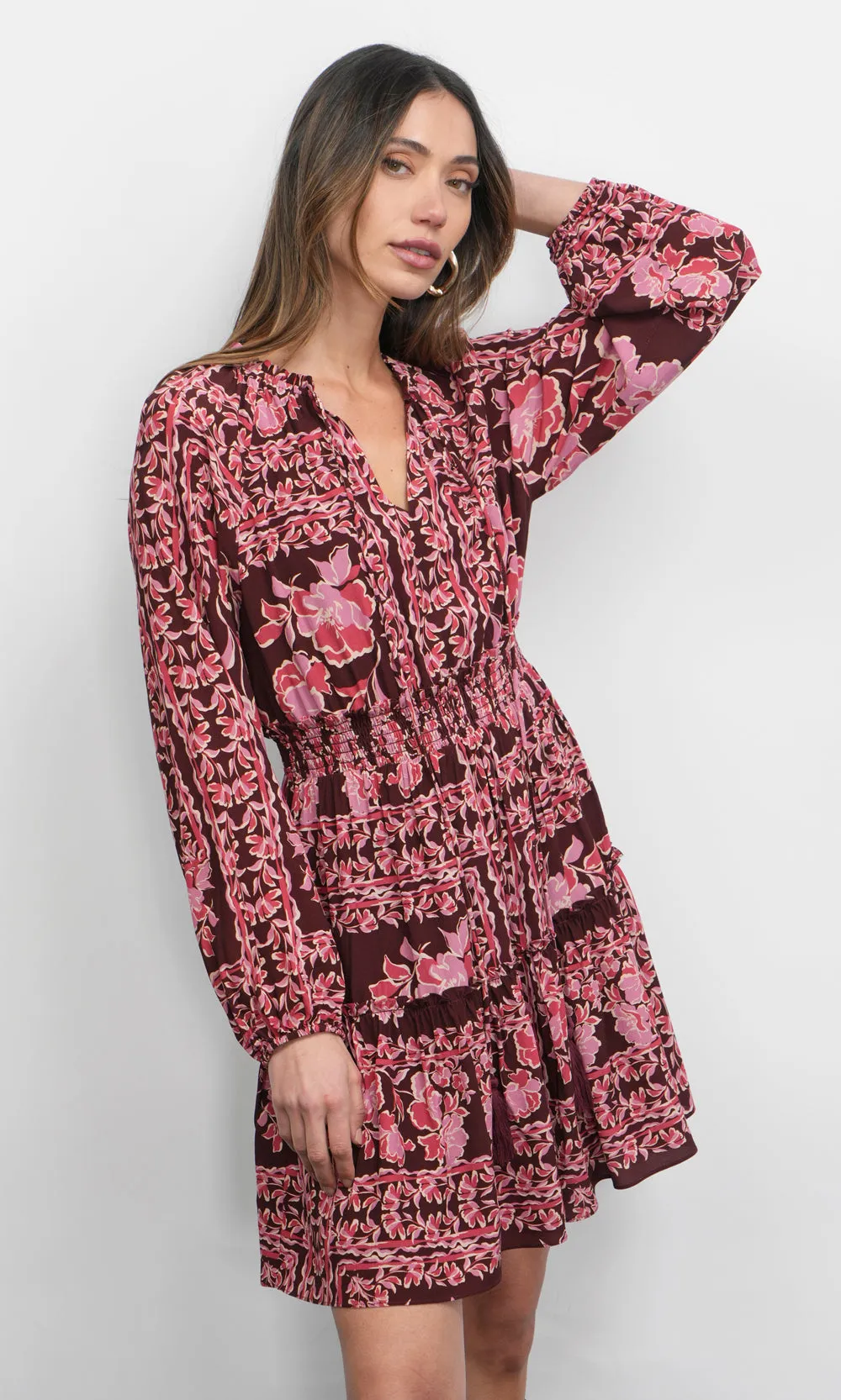 Ringo Long Sleeve Smocked Mini Dress in Maroon Seasonal Wear