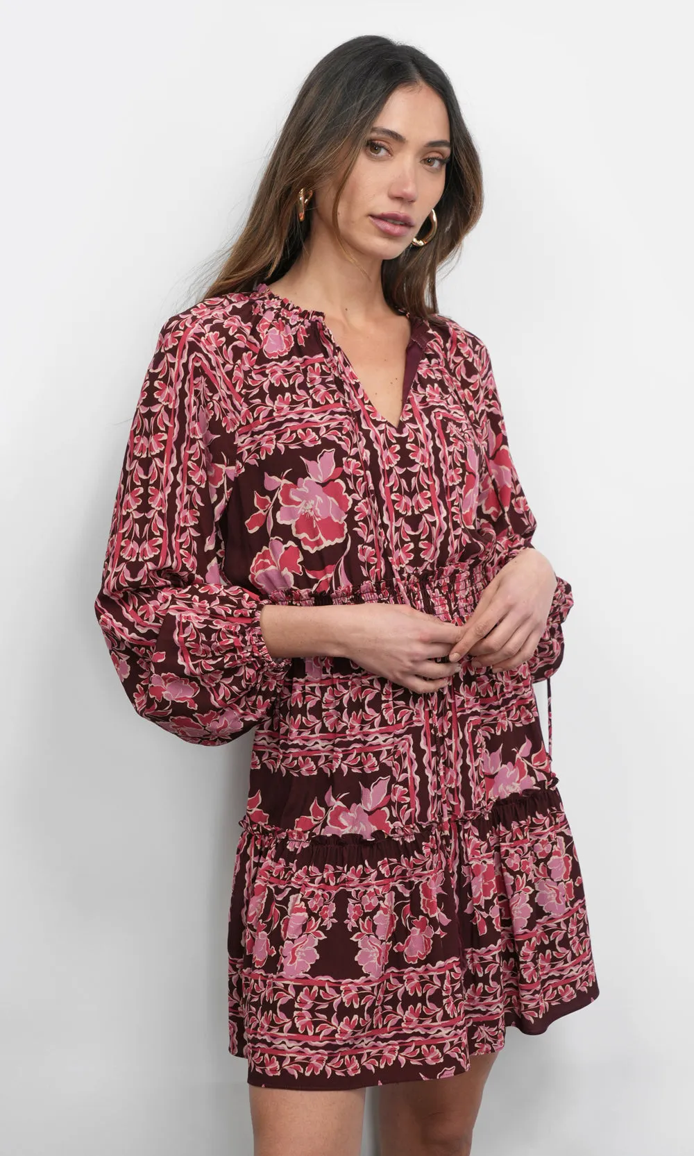 Ringo Long Sleeve Smocked Mini Dress in Maroon Bless Touch