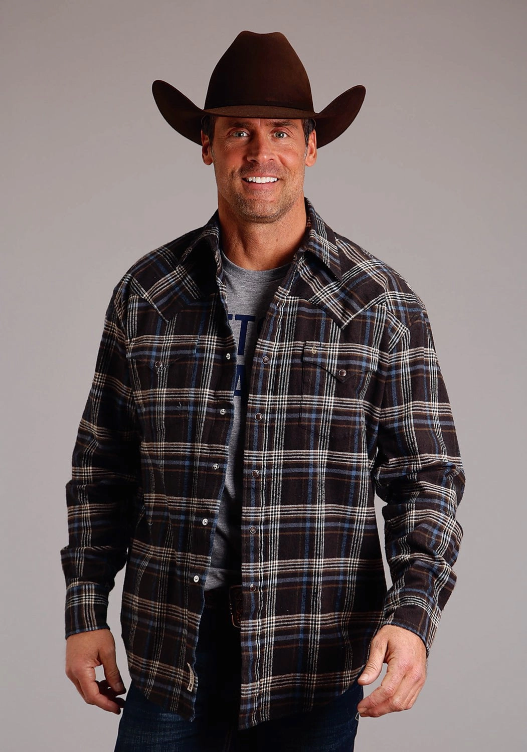 color block Tall Option Stetson Mens Light Blue Plaid Brown 100% Cotton L/S Shirt