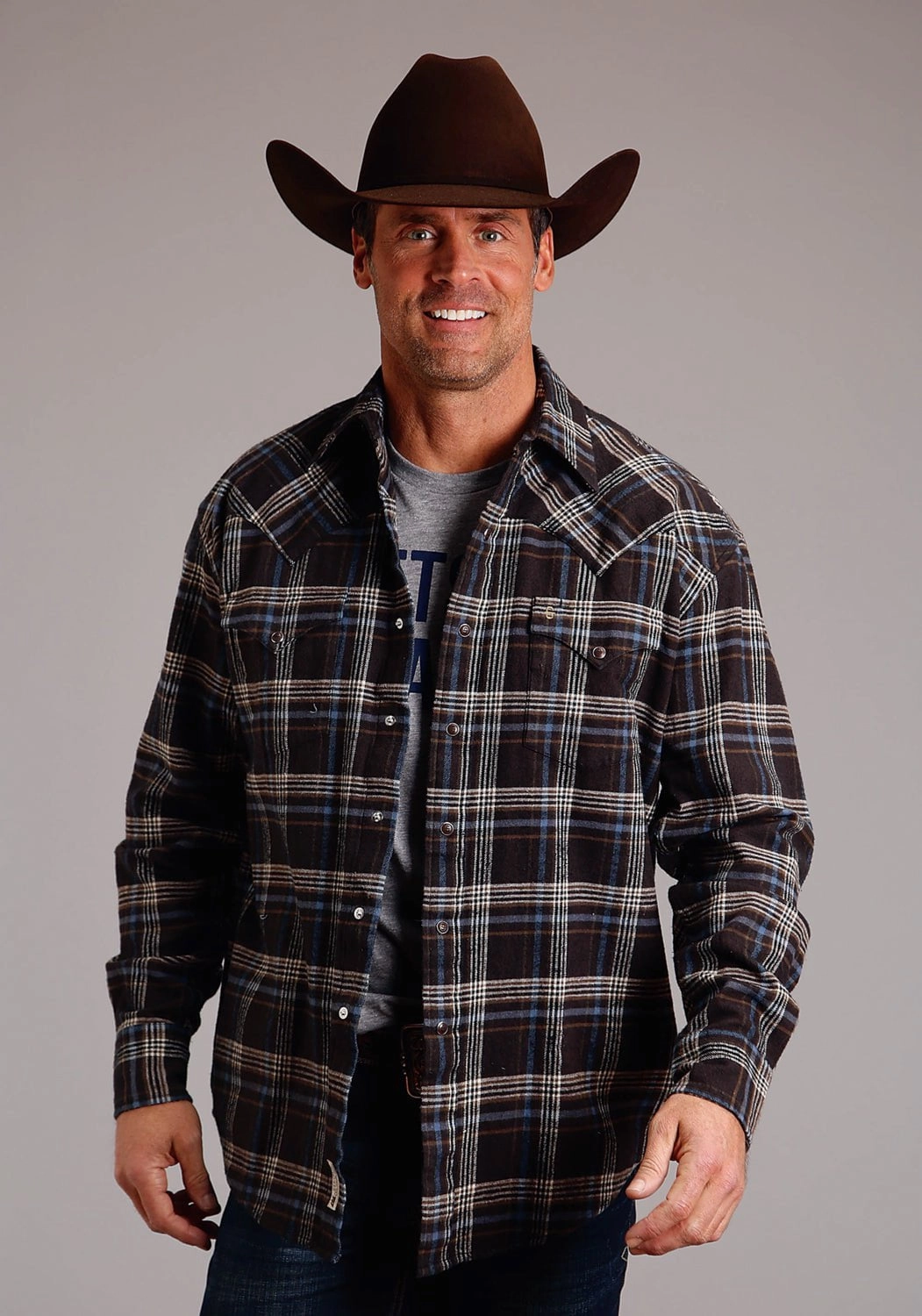Stetson Mens Light Blue Plaid Brown 100% Cotton L/S Shirt Rooftop Bar