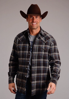 Split Hem Design Stetson Mens Light Blue Plaid Brown 100% Cotton L/S Shirt color block Tall Option Stetson Mens Light Blue Plaid Brown 100% Cotton L/S Shirt