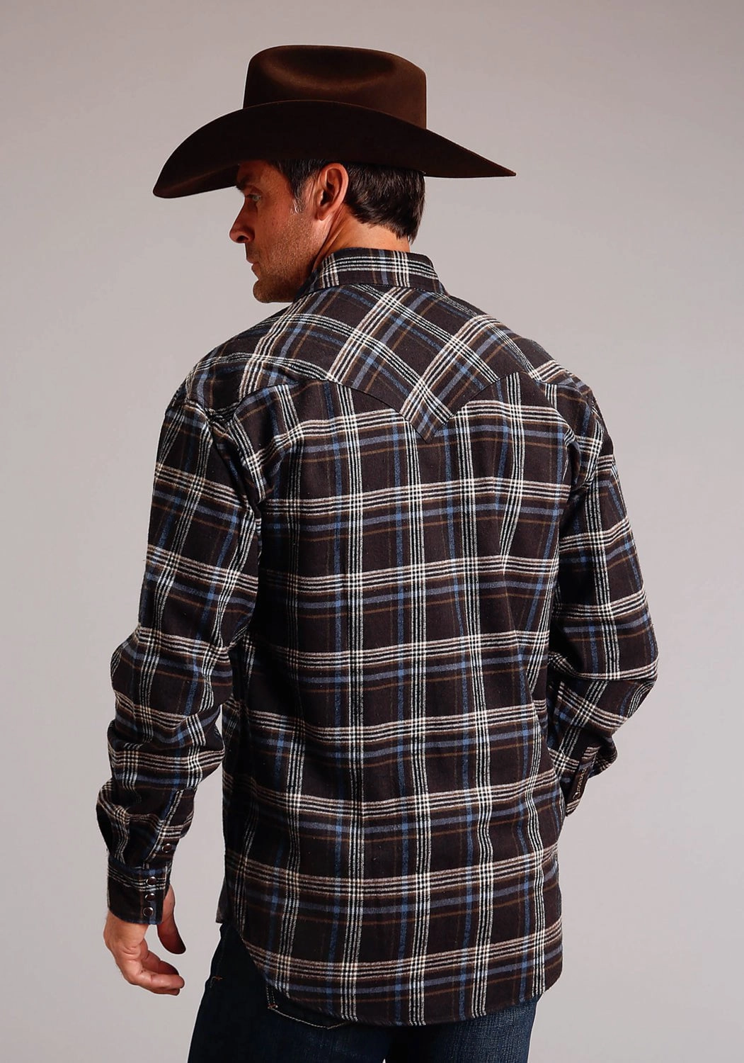 Urban Style Stetson Mens Light Blue Plaid Brown 100% Cotton L/S Shirt