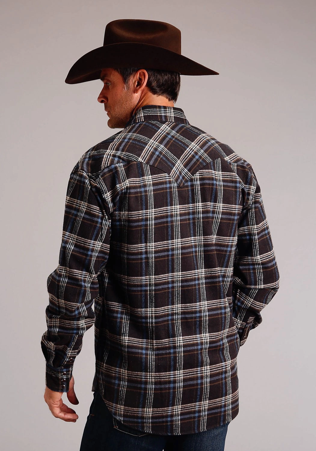 Glossy Texture Stetson Mens Light Blue Plaid Brown 100% Cotton L/S Shirt